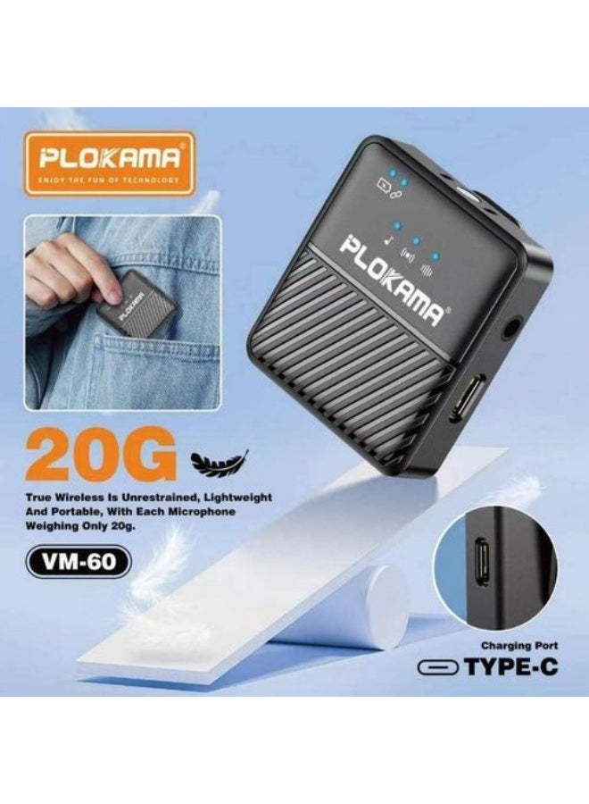 PLOKAMA VM60 Mic Wireless Clip on Microphone Lavalier HP Plug & Play Dual Mic Type C & Lightning - Multicolor - Image 5
